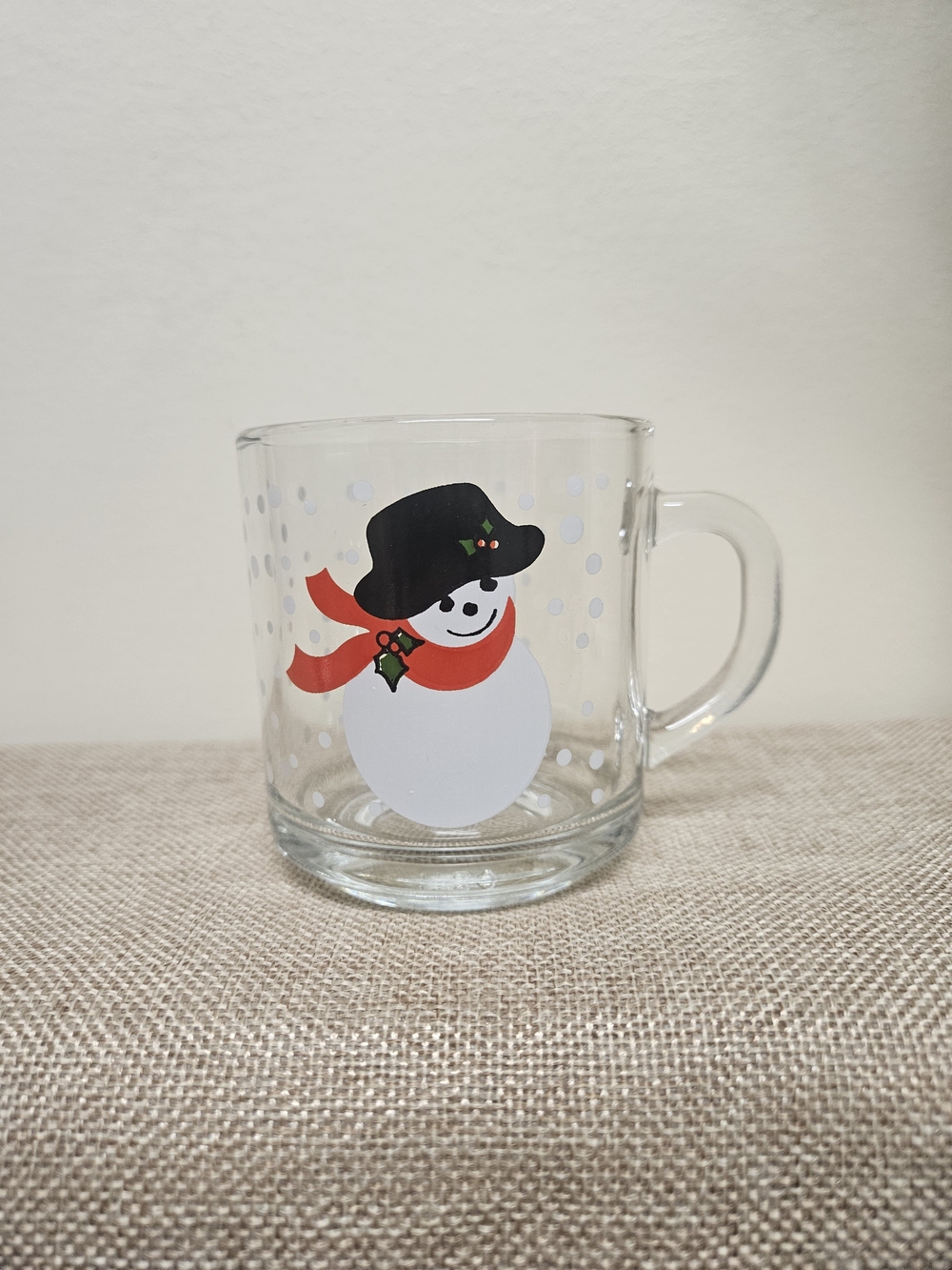 Vintage Luminarc Glass Snowman Mug with Red Scarf and Black Hat